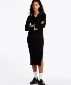 RIBBED SLIM MIDI POLO DRESS