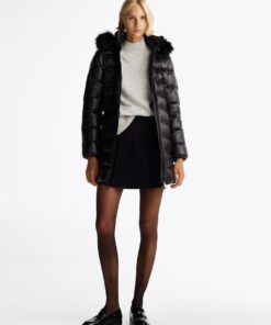 DOWN-FILLED GLOSSY HOODED PUFFER COAT