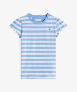 GIRLS 3-7 STRIPE RUFFLE SLEEVE SLIM TOP
